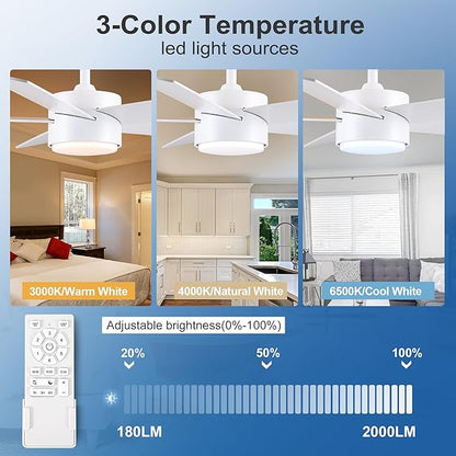 42 inch White Ceiling Fan with Lights and Remote Control, Dimmable Ceiling Fans with Lights,3-Color, Quiet Reversible 6-Speed, Wood Modern Ceiling Fan for Bedroom, Living Room, Dining Room
