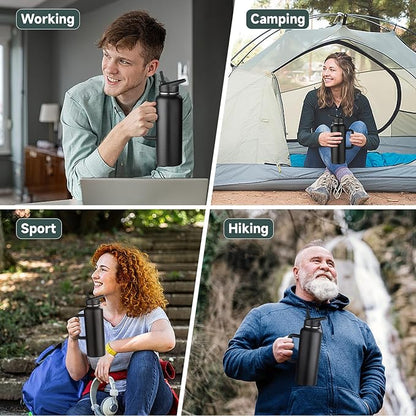 40oz Insulated Water Bottle with Handle, Stainless Steel Sports Metal Water Flask with Straw & 2 Leak Proof Lids, Double Walled Vacuum Wide Mouth Water Bottle for Travel, Camping, Gym Sports (Black)