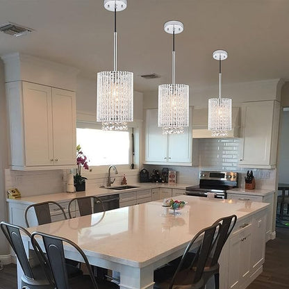 Mini Crystal Pendant Lighting 1 Light Modern Hanging Light Fixtures Small Cylinder Chrome Chandelier for Kitchen Island Dining Room