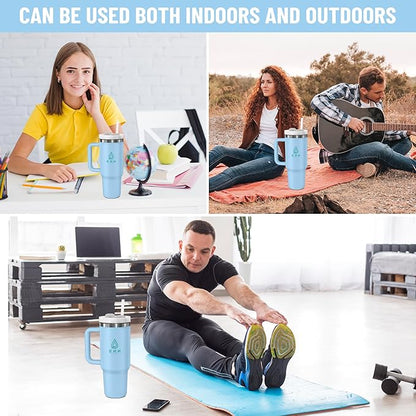 40oz stainless Steel Insulated Tumbler with Handle, lid and straw for cold water, Iced tea, or coffee - 100% Leak-Proof - Cupholder Friendly Travel Mug- Gifts for Women Men Him Her (Blue)