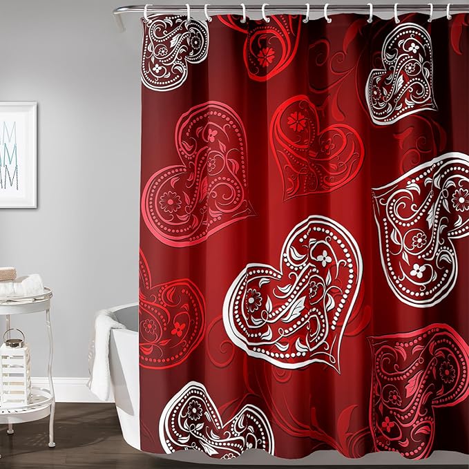 AILONEN Heart Love Shower Curtain for Bathroom, Red and White Floral Hearts Print Bath Curtain,Minimalism Hearts Decoration Shower Curtain Waterproof with 12 Plastic Hooks, 48" W*72" H