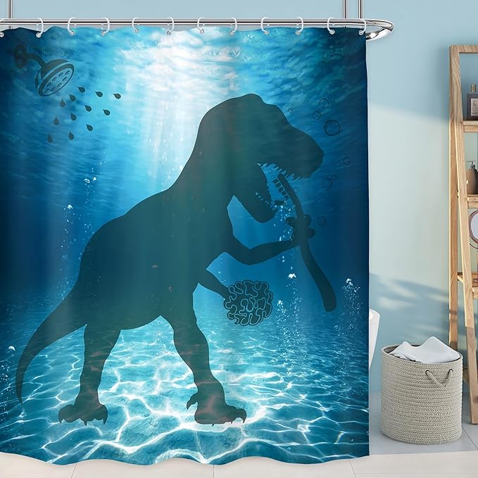 LGhtyro Kids Ocean Sea Dinosaur Shower Curtain Bathroom Set 60Wx71H Inches Underwater Funny Dino Boys Bathing Trex Raptor Bath Accessories Cartoon Animal Silhouette Art Home Decor Fabric 12 Pack Hooks