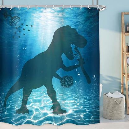 LGhtyro Kids Ocean Sea Dinosaur Shower Curtain Bathroom Set 60Wx71H Inches Underwater Funny Dino Boys Bathing Trex Raptor Bath Accessories Cartoon Animal Silhouette Art Home Decor Fabric 12 Pack Hooks