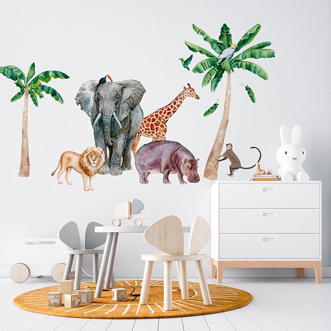 Large Safari Animal Wall Decals for Kids by Lipastick - 70 pcs Jungle Animal Wall Stickers - Creative Wall Decal for Children's Room Bedroom Nursery - Giraffe Elephant Hippo Palm Tree Parrot M Size