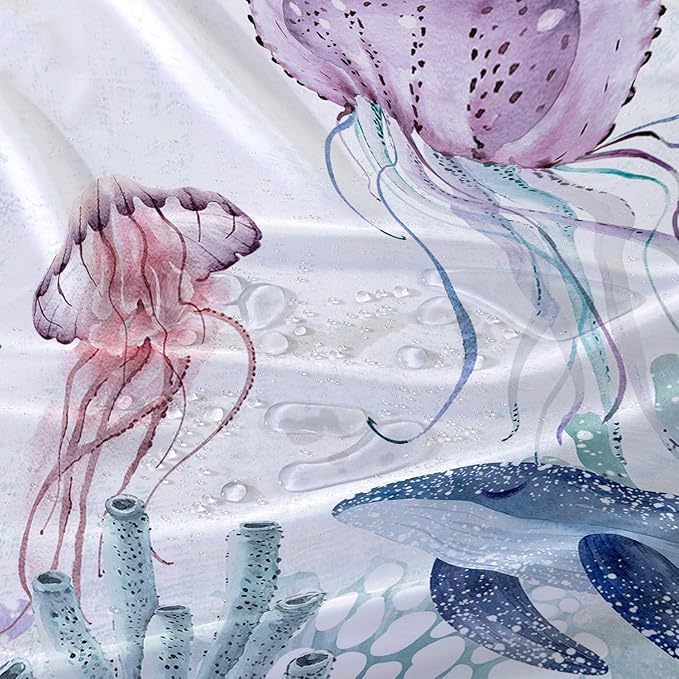 AILONEN Cartoon Jellyfish Shower Curtain for Bathroom Teal Blue Ocean Beach Coastal Bath Curtain Decor 72" W*96" H Polyester Fabric Waterproof Bathroom Curtain with 12 Hooks