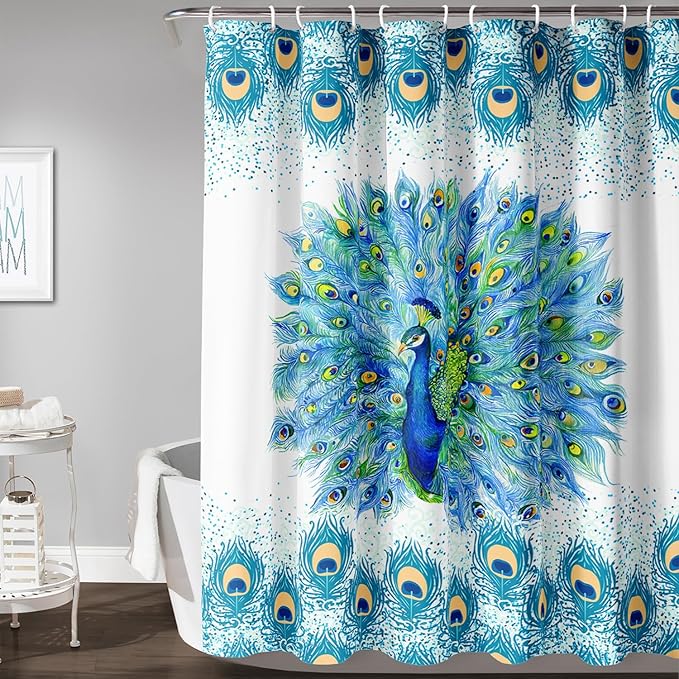 AILONEN Peacock Shower Curtain for Girls,Beautiful Green Peacock Bath Curtain for Kids Women,Peacock Feather Print Waterproof Shower Curtain for Bathroom Decor with 12 Plastic Hooks, 72" W*72" H