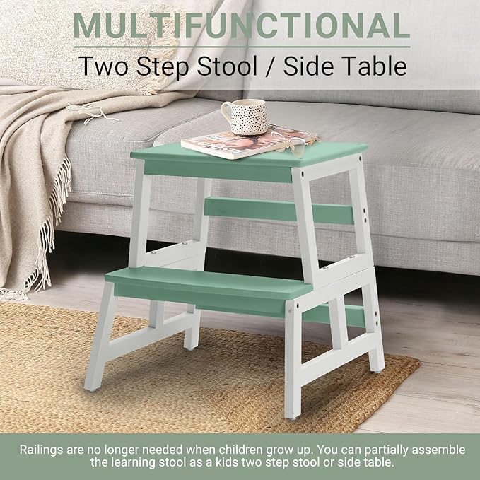 COSYLAND Kids Kitchen Step Stool, Toddler Standing Tower with CPC & FSC Certification, Removable Anti-Drop Railing Safety Rail Enjoys Unique Patented Design A Anti-tip Stable Structure Green & White