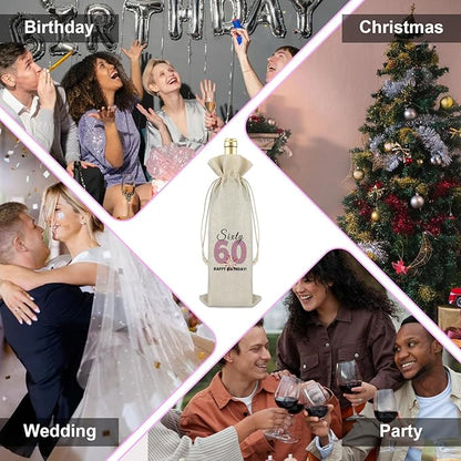 60th Birthday Gift Wine Bag Happy 60th Birthday Gift for Men Women 60 Year Old Birthday Party Decors Turning 60 Gift for Grandma Grandpa Happy Sixty Birthday Burlap Wine Gift Bag Retirement Gift