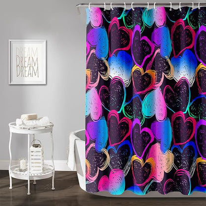 AILONEN Hearts Shower Curtain for Bathroom, Colorful Hearts Love Theme Bath Curtain for Kids Girls Women,Abstract Hearts Print Black Shower Curtain Waterproof with 12 Plastic Hooks, 72" W*84" H