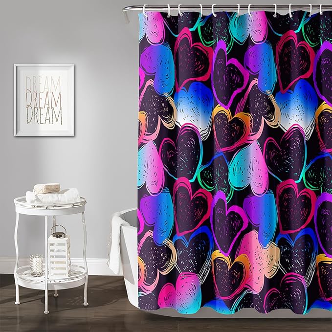 AILONEN Hearts Shower Curtain for Bathroom, Colorful Hearts Love Theme Bath Curtain for Kids Girls Women,Abstract Hearts Print Black Shower Curtain Waterproof with 12 Plastic Hooks, 60" W*72" H