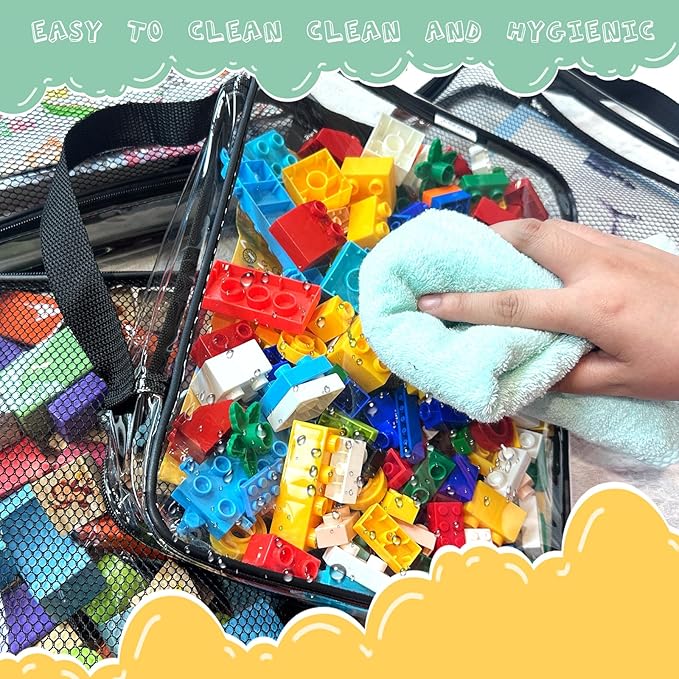 4 Packs PVC Toy Zippered Blocks, Travel Storage Case Bags for Organizing, Waterproof Toy Storage Bags with Mesh Pockets for Building Blocks, Puzzles, Clays,Toy Cars 11.8"Lx3" Wx9" H (Black).