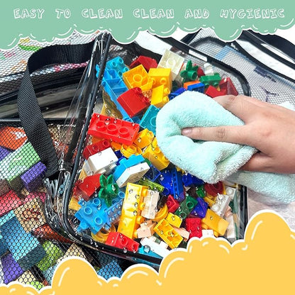 4 Packs PVC Toy Zippered Blocks, Travel Storage Case Bags for Organizing, Waterproof Toy Storage Bags with Mesh Pockets for Building Blocks, Puzzles, Clays,Toy Cars 11.8"Lx3" Wx9" H (Black).