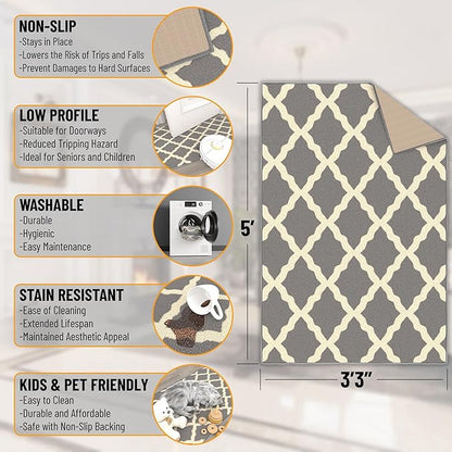 Machine Washable Moroccan Trellis Design Non-Slip Rubberback 3x5 Traditional Indoor Area Rug for Living Room, Bedroom, Kitchen, 3'3" x 5', Gray