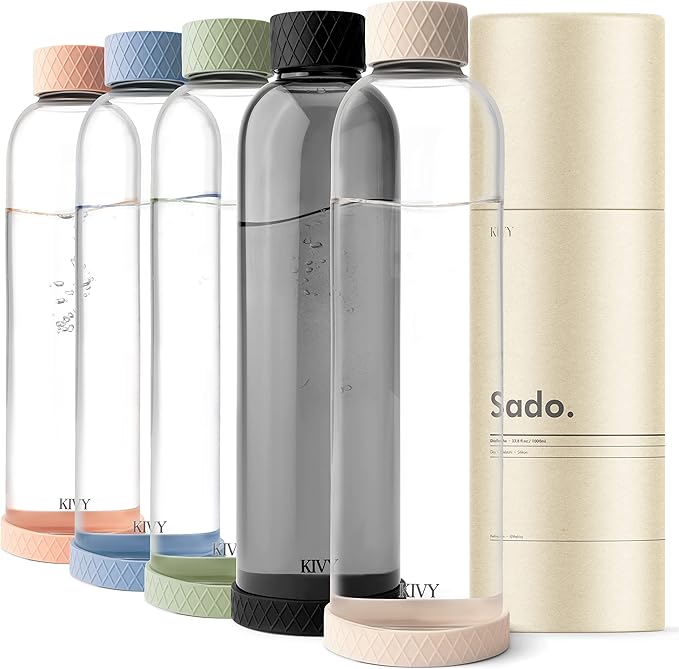 KIVY 32 oz Glass Water Bottle with Silicone Sleeve - Neutral glass waterbottle 32oz - Aesthetic water bottles glass bottle - Borosilicate glass water bottle 32 oz - White water bottle glass