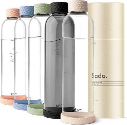 KIVY 32 oz Glass Water Bottle with Silicone Sleeve - Neutral glass waterbottle 32oz - Aesthetic water bottles glass bottle - Borosilicate glass water bottle 32 oz - White water bottle glass