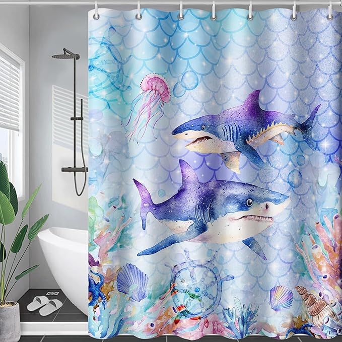AILONEN Cartoon Shark Shower Curtain for Kids Boys Girls,Blue Ocean Coral Shell Fish Scale Coast Bathroom Curtain, 72" W*96" H Bath Curtain Polyester Waterproof Shower Curtain with 12 Hooks