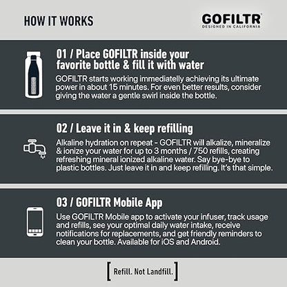 Alkaline Water Infuser - 9.5 pH + Electrolytes for Any Water Bottle/Small Pitcher, 750 Refills / 3 Months, Ionized Mineral Water Infuser (1 Pack)