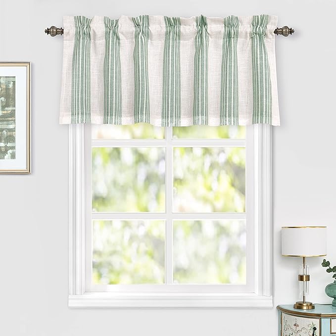 DriftAway Chris Linen Lined Valance Double Layer Thermal Insulated Room Darkening Blackout Valances 3 Inch Rod Pocket Vertical Striped Kitchen Valance for Bathroom 52 Inch by 18 Inch Green
