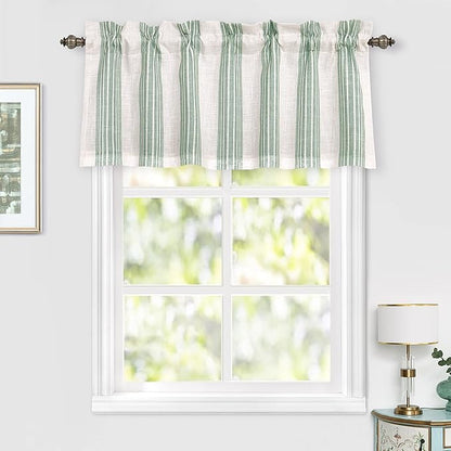 DriftAway Chris Linen Lined Valance Double Layer Thermal Insulated Room Darkening Blackout Valances 3 Inch Rod Pocket Vertical Striped Kitchen Valance for Bathroom 52 Inch by 18 Inch Green