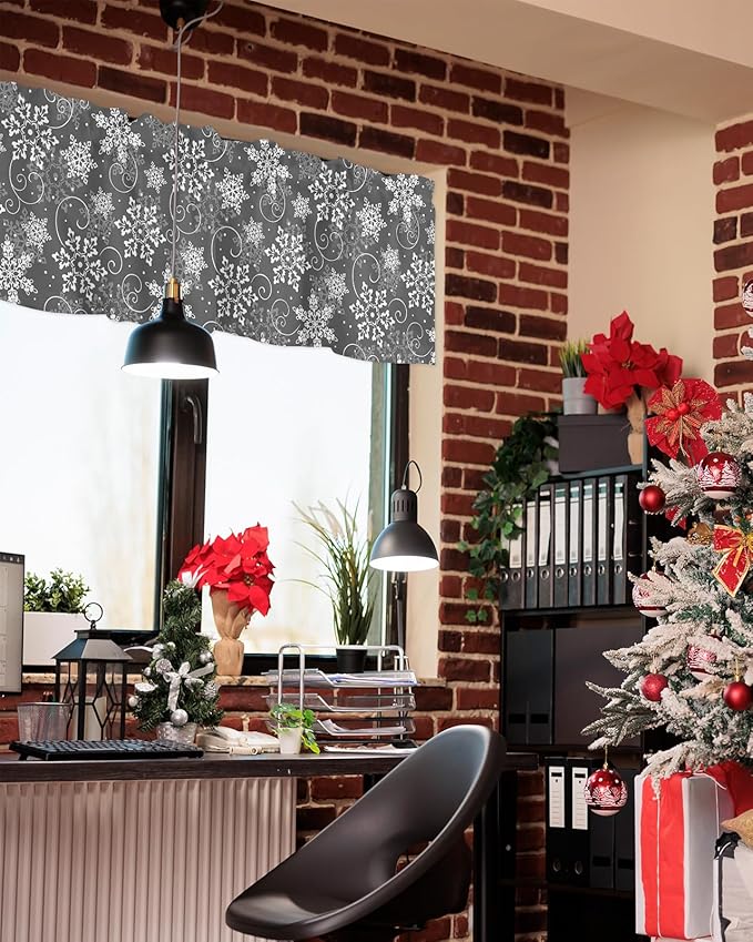 Christmas Valance Curtains for Kitchen Windows Grey White Snowflakes Pattern Rod Pocket Window Treatment Toppers for Kitchen/Living Room/Bedroom/Bathroom, 54" X 18", Winter