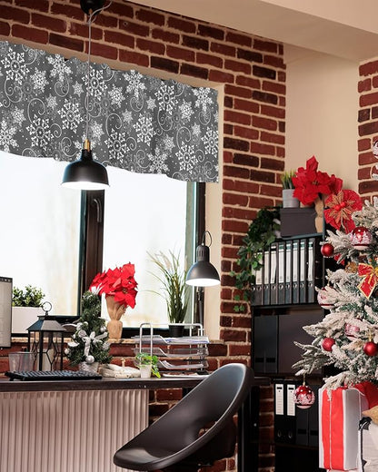 Christmas Valance Curtains for Kitchen Windows Grey White Snowflakes Pattern Rod Pocket Window Treatment Toppers for Kitchen/Living Room/Bedroom/Bathroom, 54" X 18", Winter