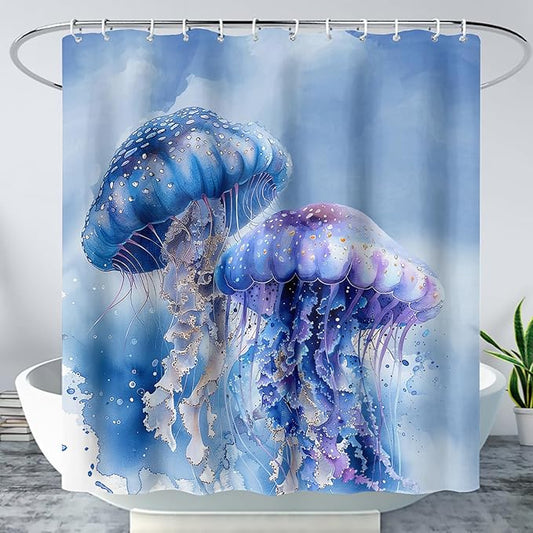 AILONEN 3D Jellyfish Shower Curtain,Beautiful Jellyfish Shower Curtain for Bathroom,Watercolor Blue Ocean Waterproof Fabric Shower Curtain Set with Hooks,60" W*72" H