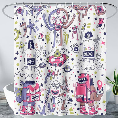AILONEN Alien Shower Curtain,Spaceship Universe Theme Waterproof Fabric Shower Curtain Sets, 60" W*72" H Monster Robot Bathroom Decor for Boys Teens Kids