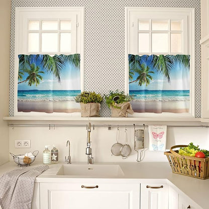 Kitchen Curtains and Valances Set,Palms Tree Ocean Tropical Sea Window Treatments Tiers Beach Theme Semi Sheer Half/Short Curtains for Small Windows Cafe /Living Room/ Bedroom 54x36 in, 3-Piece