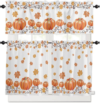 Fall Maple Leaves Kitchen Curtains and Valances Set, Thanksgiving Watercolor Pumpkins Half/Short Curtains for Small Windows Cafe /Living Room/ Bedroom 54x 36 in-,Orange Window Treatments Tiers
