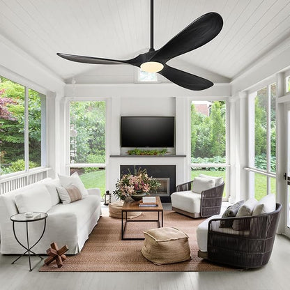 72 Inch Wood Ceiling Fans with Lights and Remote Control, Outdoor Ceiling Fan with Light Solid Wood Modern Black Large Ceiling Fans Propeller Indoor Patios Garage Bedroom High cfm, Matte Black