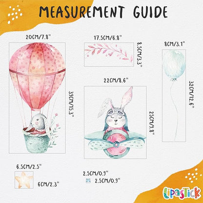 Bunny Wall Decals for Kids by Lipastick - Rabbits Wall Stickers Peel and Stick - Hot Air Balloon Wall Decals for Girls Boys Kids Baby Nursery Room Bedroom - Bunies Wall Decor Aircraft S Size