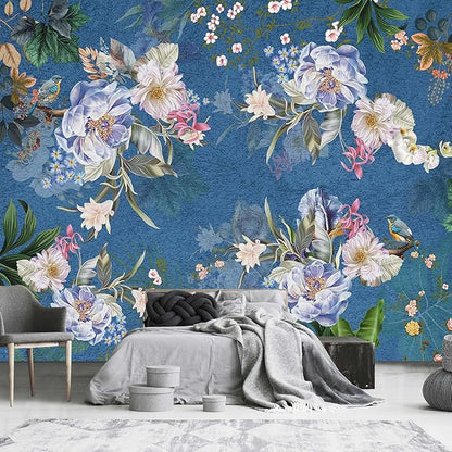 Blue Background Flower Plant Large Wallpaper for Bedroom (Not Peel and Stick)