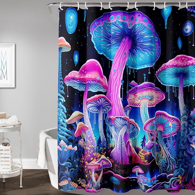 AILONEN Mushroom Shower Curtain for Bathroom, 3D Oil Painting Mushroom Bath Curtain,Blue Purple Fairy Fantasy Fungus Botanical Decoration Waterproof Curtain with 12 Plastic Hooks, 36" W*72" H