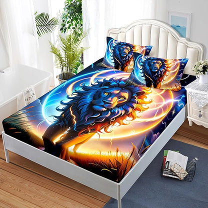 AILONEN Lion Fitted Sheet Set Queen Size, Constellation Lightning Lion Bed Sheet Set for Boys Girls,Blue Sky Starry Animal Lion Breathable Fitted Sheet and 2 Pillowcases,3 Pieces