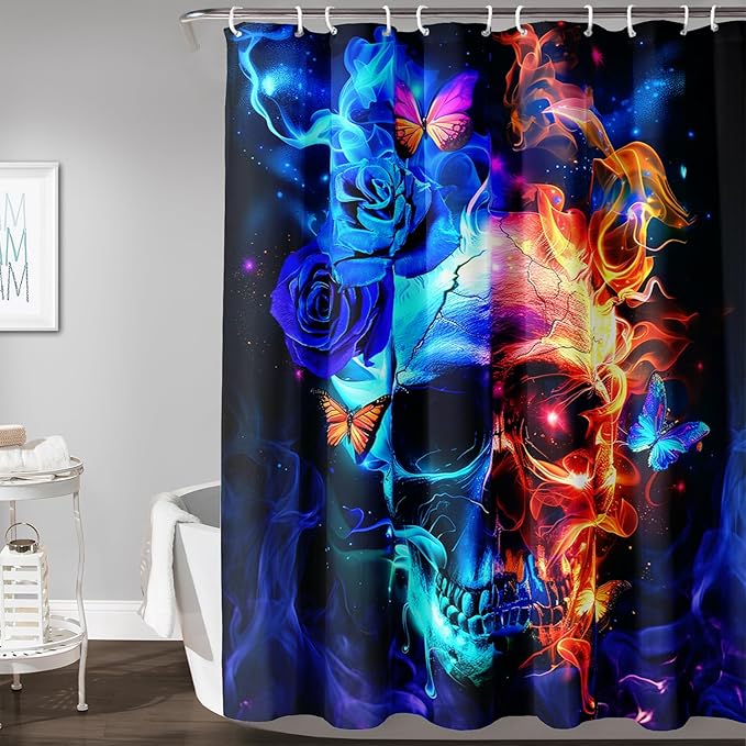 AILONEN Sugar Skull Shower Curtain,Blue Rose Flower Skull Bath Curtain,3D Printed Fire Skull Waterproof Curtain,Galaxy Butterfly Shower Curtain for Bathroom 72" W x 78" H