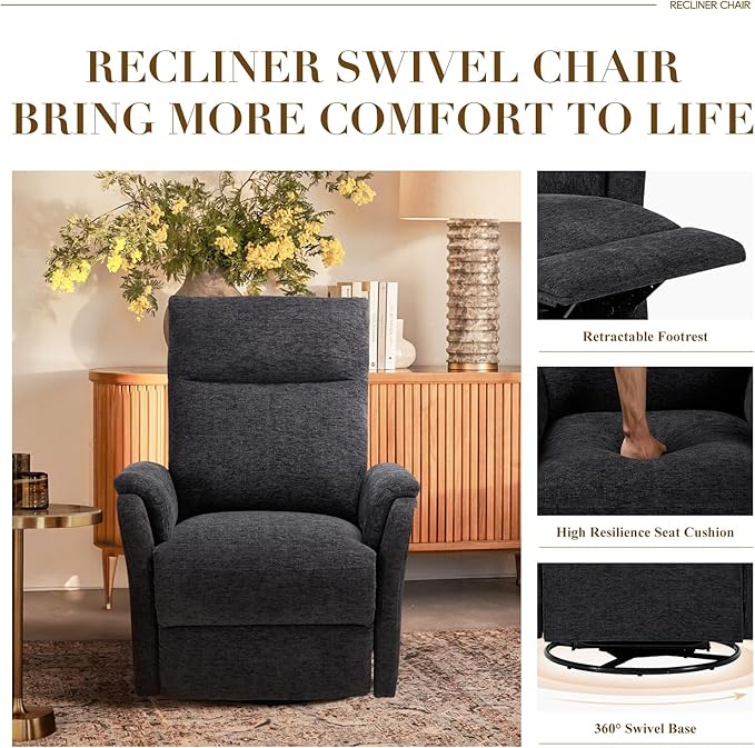 Swivel Rocking Recliner Glider Chair, Upholstered Fabric Reclining Rocker Chair with Footrest for Living Room, Nursery, Bedroom, Ergonomic High Backrest, Wide Seat Cushion and Metal Base-Darkgrey