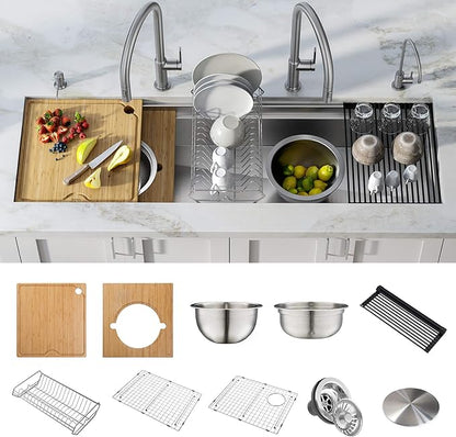Kraus KWU210-57 Kore 2-Tier Workstation Undermount 16 Gauge Stainless Steel Single Bowl Kitchen Sink with 10 Piece Chef’s Kit of Accessories, 57 inch