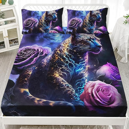 AILONEN Leopard Fitted Sheet Set Full Size, Purple Flower and Cheetah Bed Sheet Set Leopard Print Fitted Sheet with 2 Pillowcases,3 Pieces Leopard Sheets Set for Boys Girls