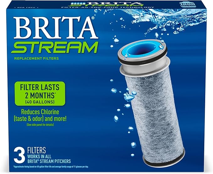 Brita Stream Pitcher Water Filter for Pitchers and Dispensers, BPA-Free, Replaces 1,800 Plastic Water Bottles a Year, Lasts Two Months or 40 Gallons, Includes 3 Filters