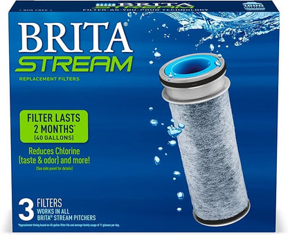 Brita Stream Pitcher Water Filter for Pitchers and Dispensers, BPA-Free, Replaces 1,800 Plastic Water Bottles a Year, Lasts Two Months or 40 Gallons, Includes 3 Filters