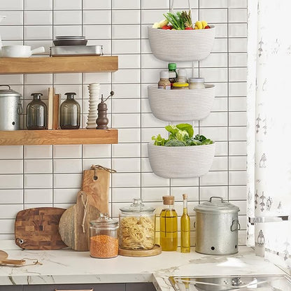 3 Tier Wall Mounted Woven Hanging Basket, Over the Door Hanging Basket with Hooks, Decorative Storage Hanging Closet Removable, Large Wall Basket for Living Room, Bedroom (White & Brown)