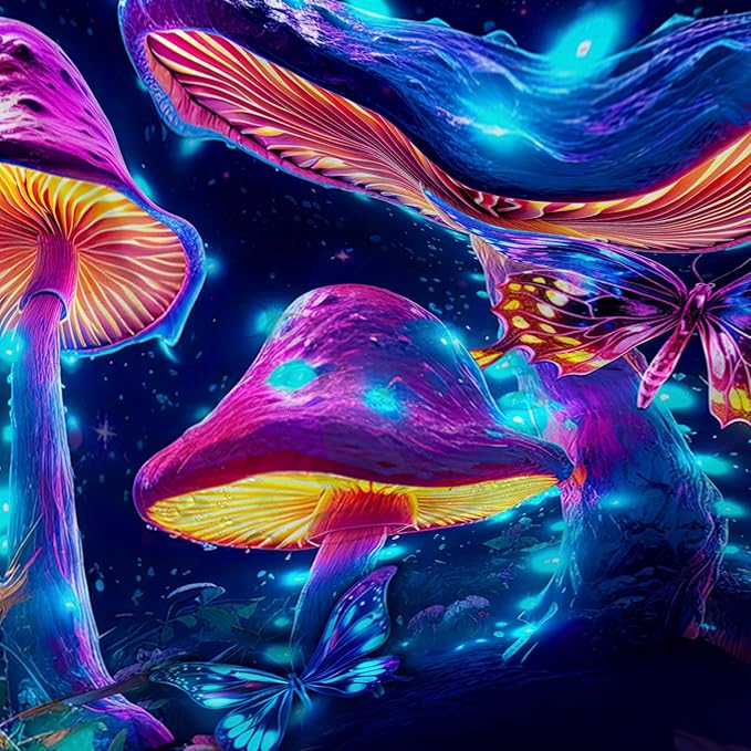 AILONEN Magic Mushroom Shower Curtain for Kids Girls,Glowing Mushrooms and Starry Night Waterproof Fabric Shower Curtain for Bathroom,Butterfly Plants Shower Curtain Set with Hooks,72" W*84" H