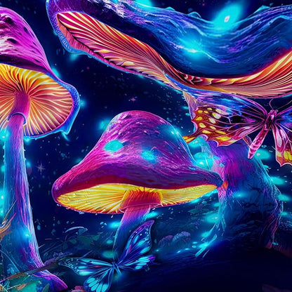 AILONEN Magic Mushroom Shower Curtain for Kids Girls,Glowing Mushrooms and Starry Night Waterproof Fabric Shower Curtain for Bathroom,Butterfly Plants Shower Curtain Set with Hooks,72" W*78" H