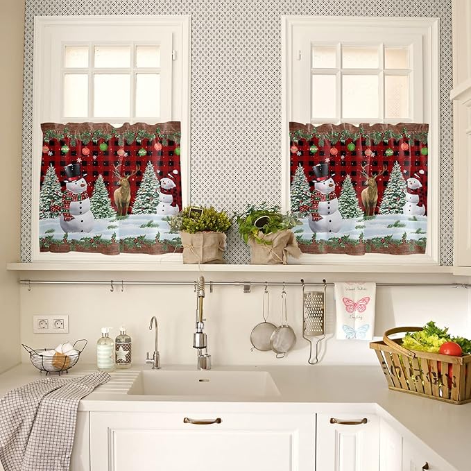 Christmas Snowman Kitchen Curtains and Valances Set, Christmas Tree Window Treatments Tiers Red Xmas Snowy Winter Semi Sheer Half/Short Curtains for Small Windows Cafe /Living Room/ Bedroom 54x 36 in