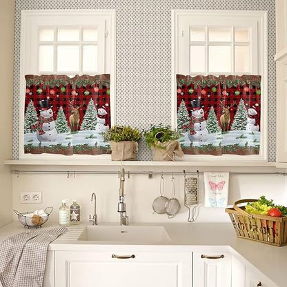 Christmas Snowman Kitchen Curtains and Valances Set, Christmas Tree Window Treatments Tiers Red Xmas Snowy Winter Semi Sheer Half/Short Curtains for Small Windows Cafe /Living Room/ Bedroom 54x 36 in