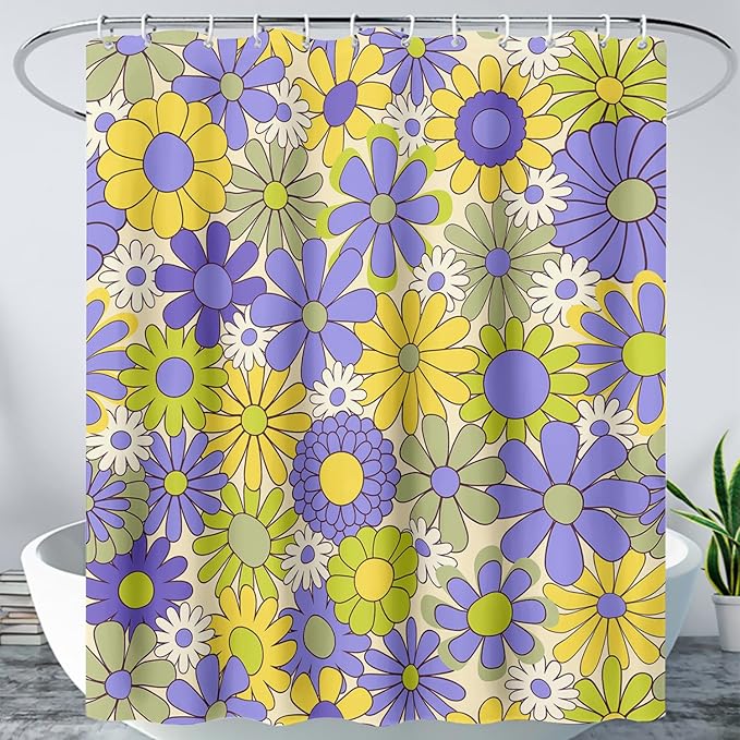 AILONEN Flower Shower Curtain for Bathroom,Polyester Fabric Waterproof,Purple Yellow Plants Flowers Bath Curtains Washable, 60" W x 72" H