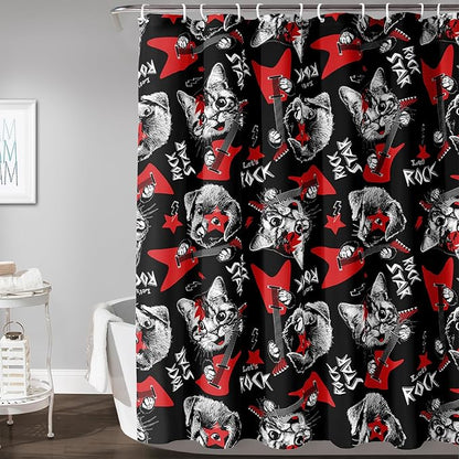 AILONEN Kitten and Puppy Shower Curtain,Rock Kitten Puppy Bath Curtains for Kids Boys Girls,Animal Polyester Waterproof with Plastic Hooks 36" W*72" H