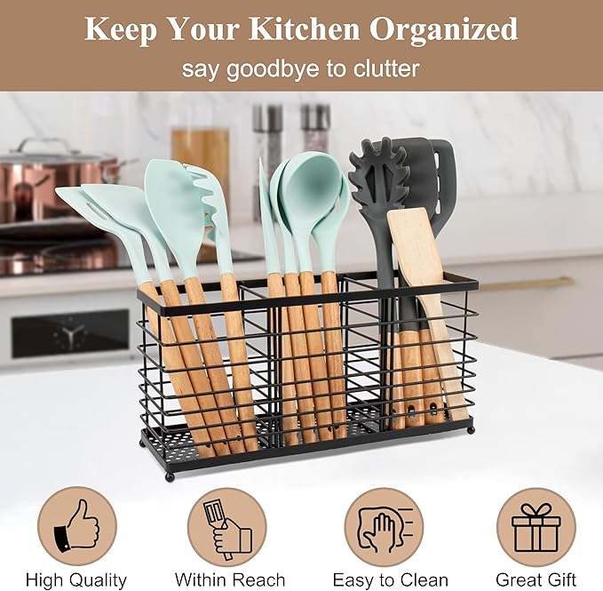 RedCall 3 Compartments Utensil Holder,Extra Large Cooking Utensil Organizer for Countertop,Black Metal Spoon Spatula Holder,Kitchen Tools Storage Holder,Kitchen Decor
