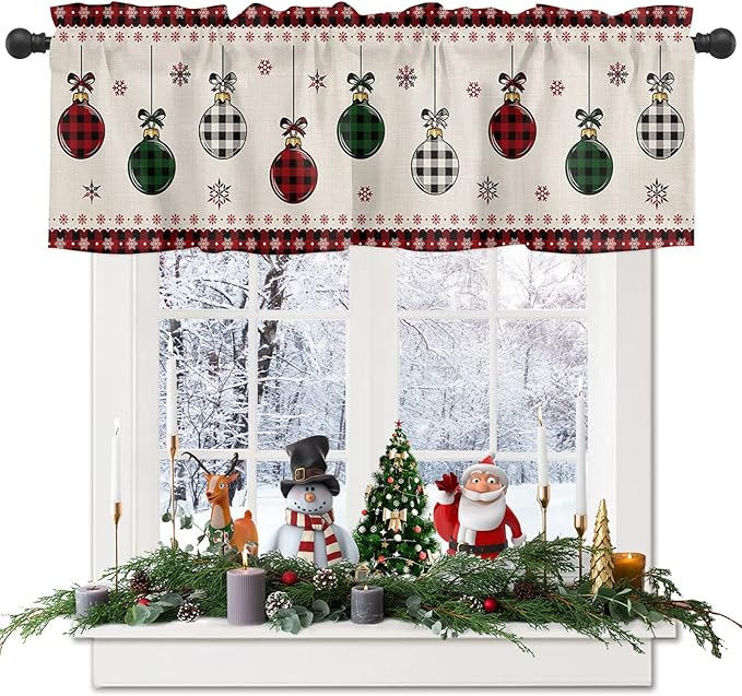 Christmas Valance Kitchen Curtains for Windows, Vintage Buffalo Plaid Christmas Balls Rod Pocket Valances Window Treatments Farmhouse Short Curtains For Bedroom/ Living Room, 54" X 18" -1 Panel