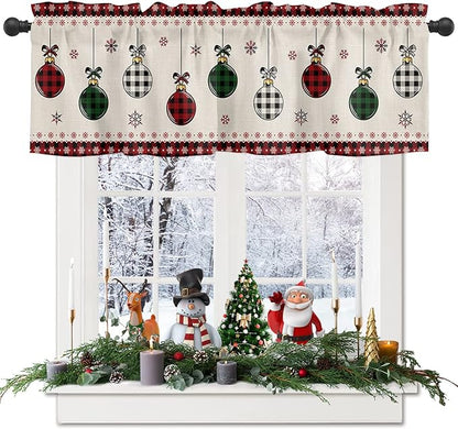 Christmas Valance Kitchen Curtains for Windows, Vintage Buffalo Plaid Christmas Balls Rod Pocket Valances Window Treatments Farmhouse Short Curtains For Bedroom/ Living Room, 54" X 18" -1 Panel